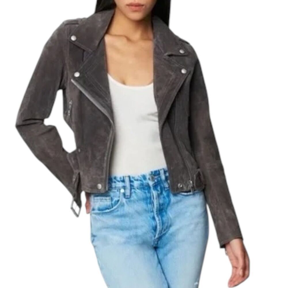 Blank NYC WMNS XS Grey Suede‎ Leather Button Zip Moto Jacket Spring Biker Luxury